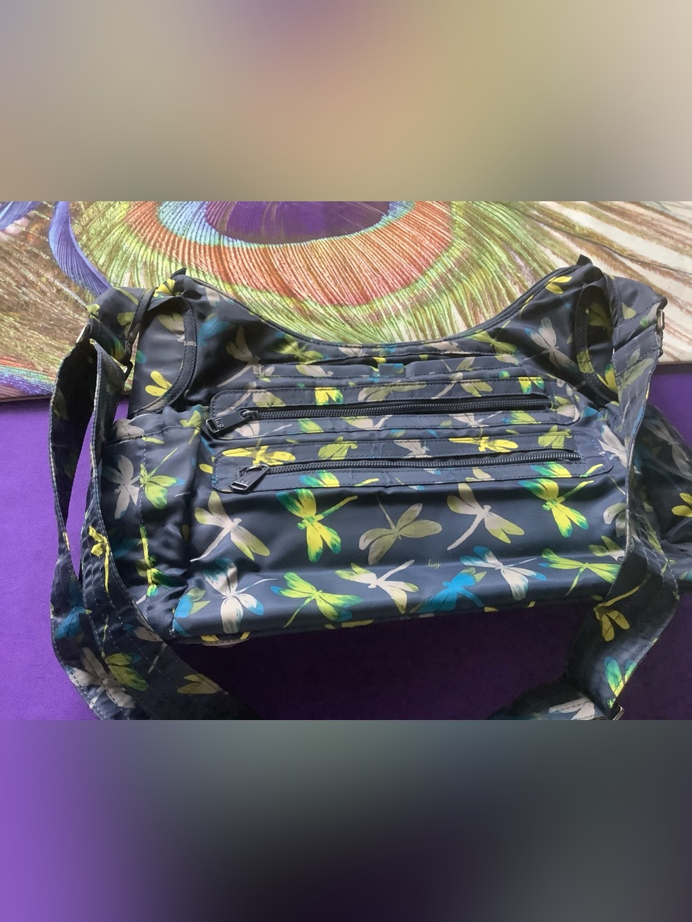 lug Navy Crossbody Bag with Yellow, Green and Teal Dragonfly Print